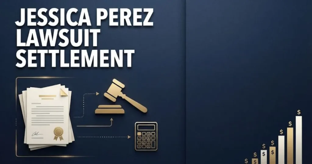 Jessica Perez Lawsuit settlement graphic with legal documents, gavel, and payout tier chart