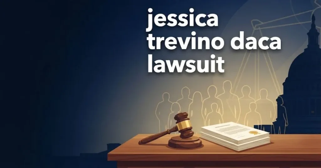 Jessica Trevino DACA lawsuit supporting graphic with legal documents and gavel in navy gold