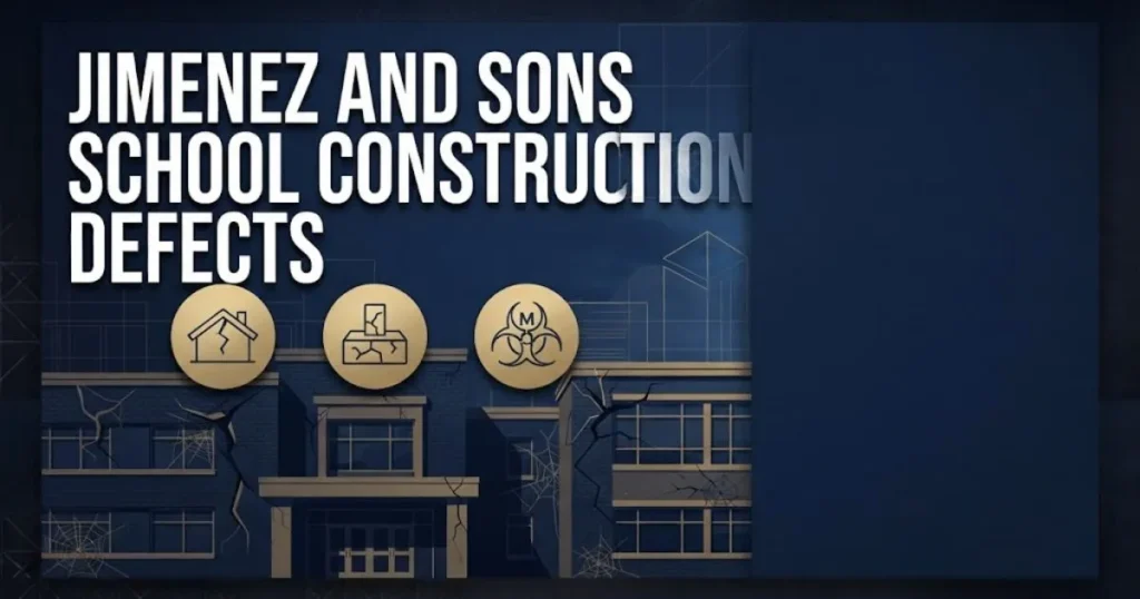 Jimenez and Sons school construction defects graphic with stylized building cracks and legal icons on navy background