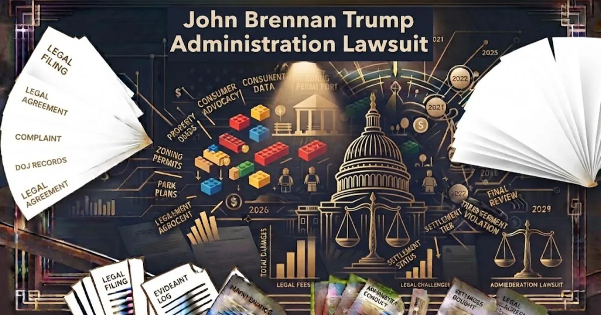 John Brennan Trump administration lawsuit hero banner with Capitol silhouette and scales of justice in navy and gold