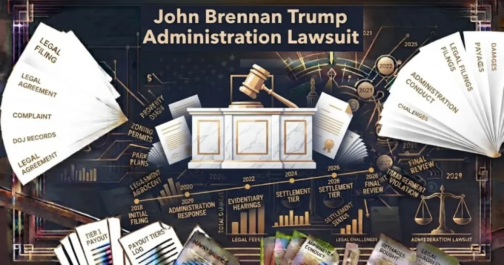 John Brennan Trump administration lawsuit timeline graphic with gavel and legal documents in navy and gold