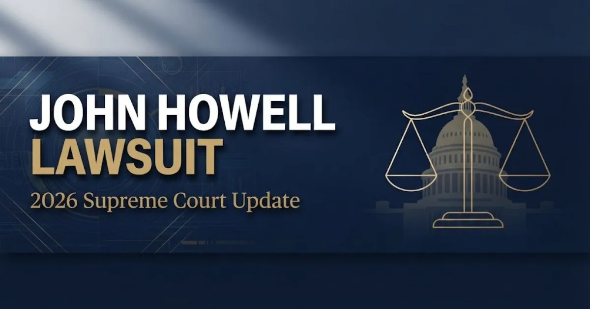 John Howell Lawsuit 2026 hero banner with scales of justice and Capitol silhouette on navy background