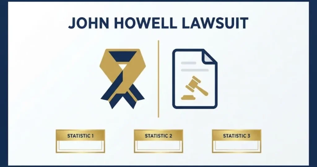 John Howell Lawsuit supporting graphic with military and legal icons on white and navy background
