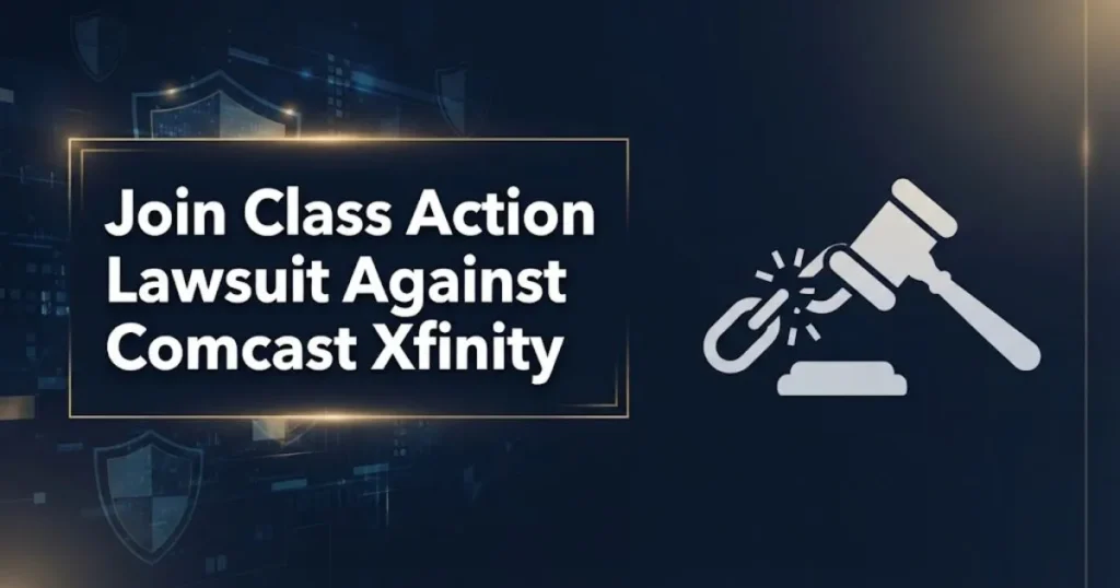 Join class action lawsuit against Comcast Xfinity hero banner with legal gavel and data breach icons on navy background