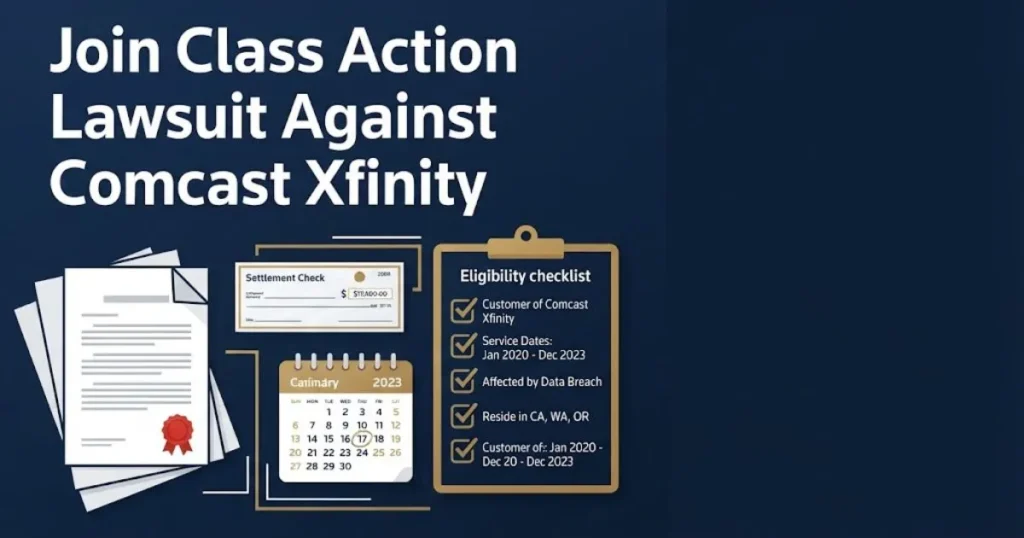 Join class action lawsuit against Comcast Xfinity settlement eligibility graphic with documents and deadline calendar