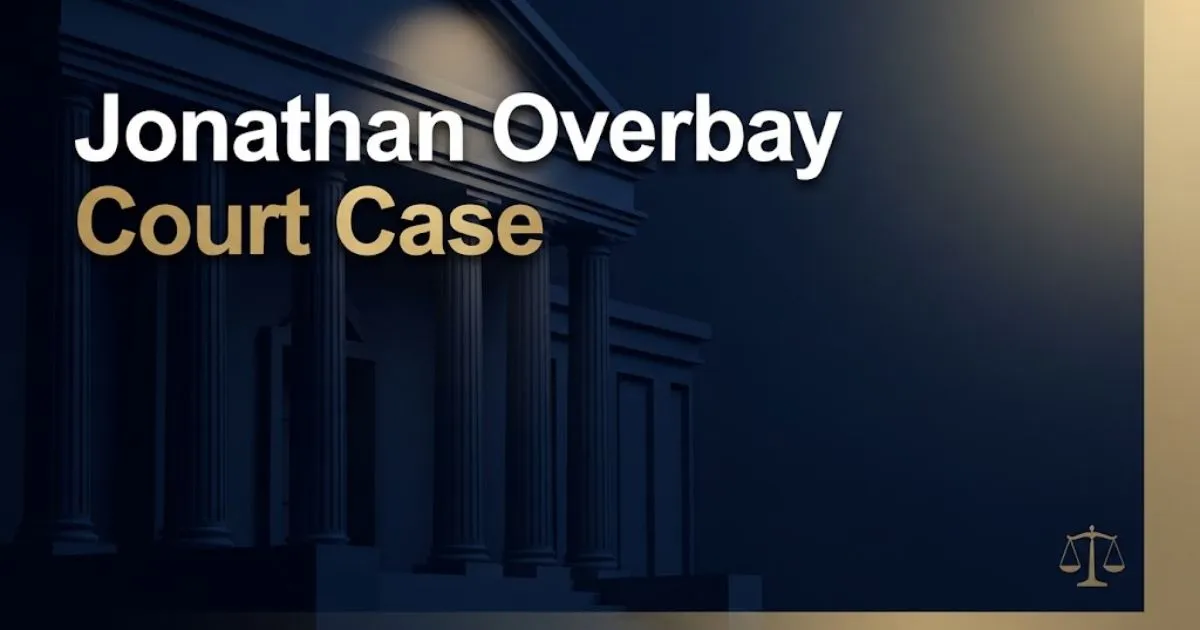 Jonathan Overbay court case hero banner with courthouse silhouette and scales of justice in navy and gold