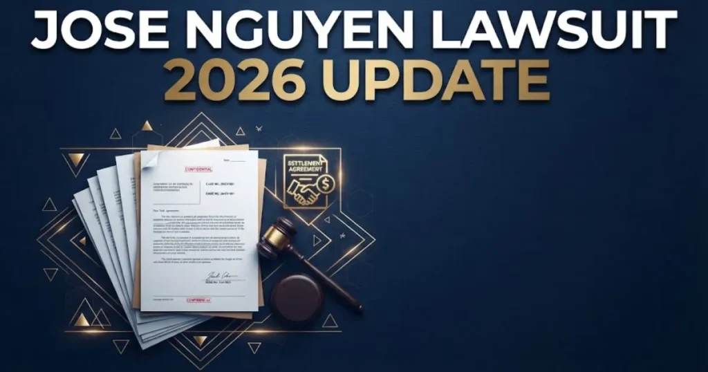 Jose Nguyen Lawsuit 2026 Update graphic with legal documents and gavel silhouette in navy and gold