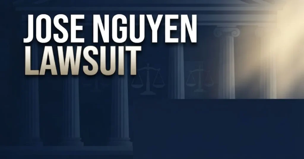 Jose Nguyen Lawsuit hero banner with courthouse imagery and legal scales in navy blue and gold tones