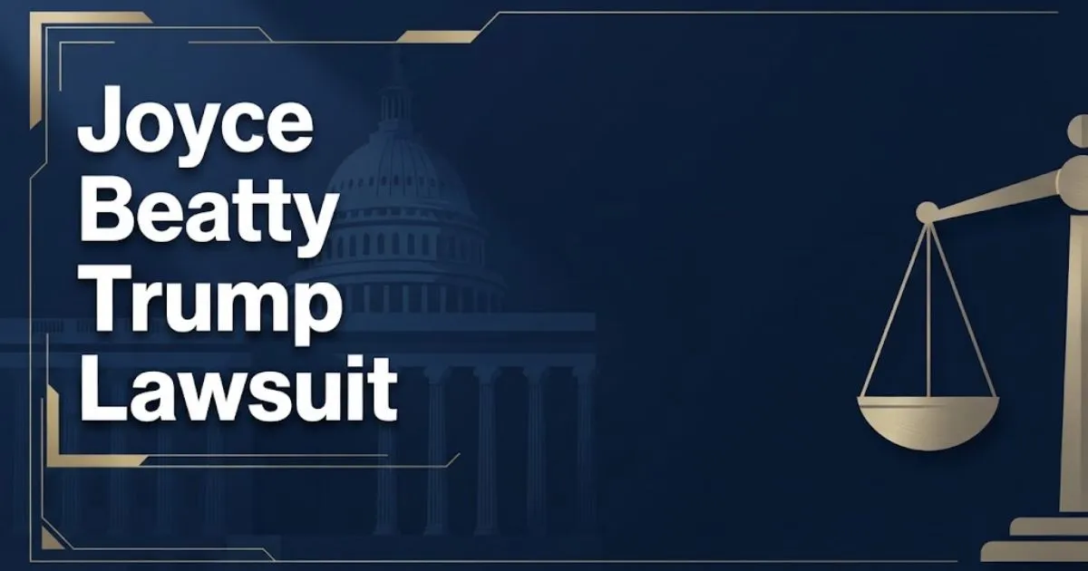 Joyce Beatty Trump Lawsuit hero banner with Capitol silhouette and scales of justice in navy and gold