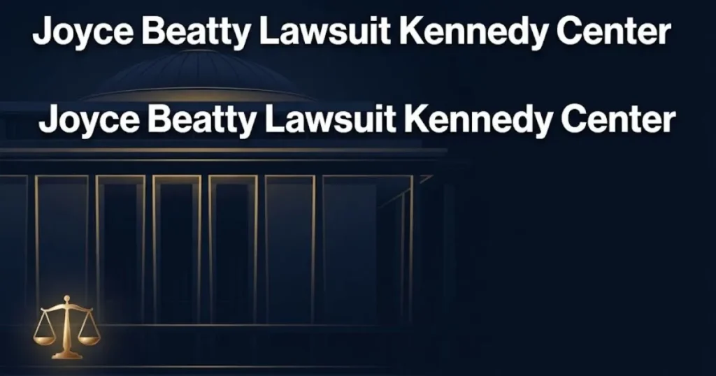 Joyce Beatty lawsuit Kennedy Center hero banner with stylized performing arts venue silhouette and justice scale icon in navy and gold