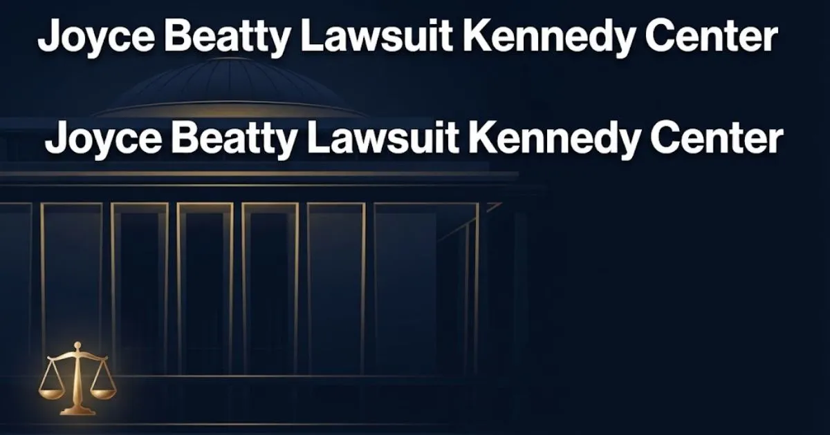 Joyce Beatty lawsuit Kennedy Center hero banner with stylized performing arts venue silhouette and justice scale icon in navy and gold