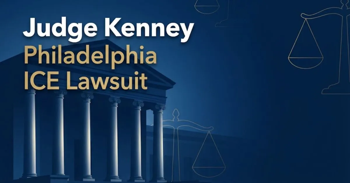 Judge Kenney Philadelphia ICE Lawsuit hero banner with courthouse silhouette and gold scales of justice on navy background