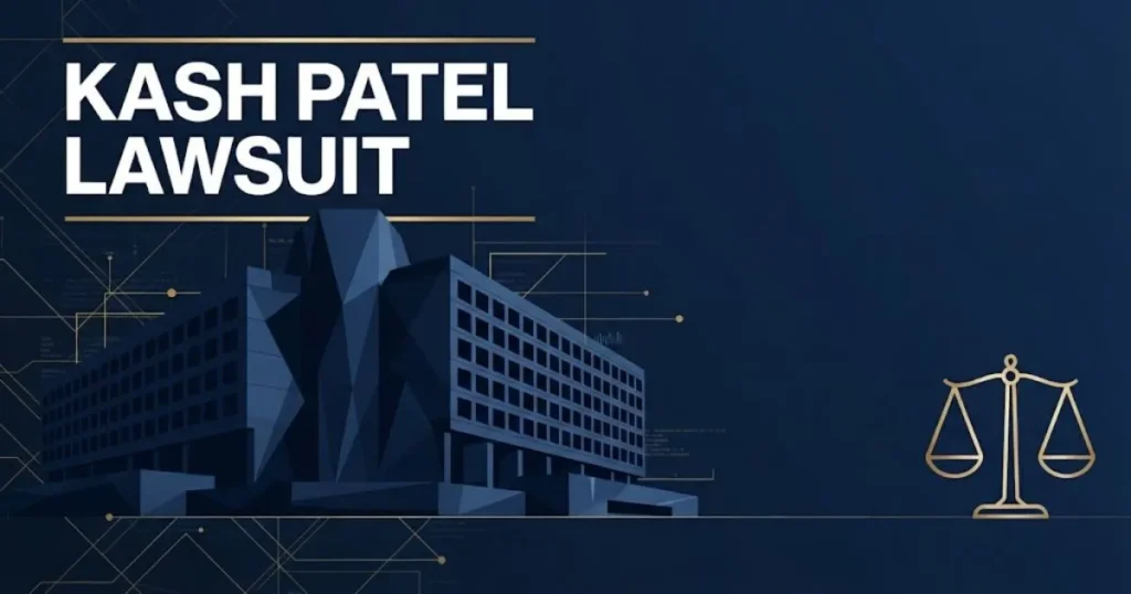 Kash Patel Lawsuit hero banner with FBI building silhouette and scales of justice in navy and gold
