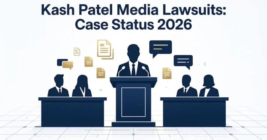 Kash Patel Media Lawsuits case status graphic with courtroom silhouettes and document icons
