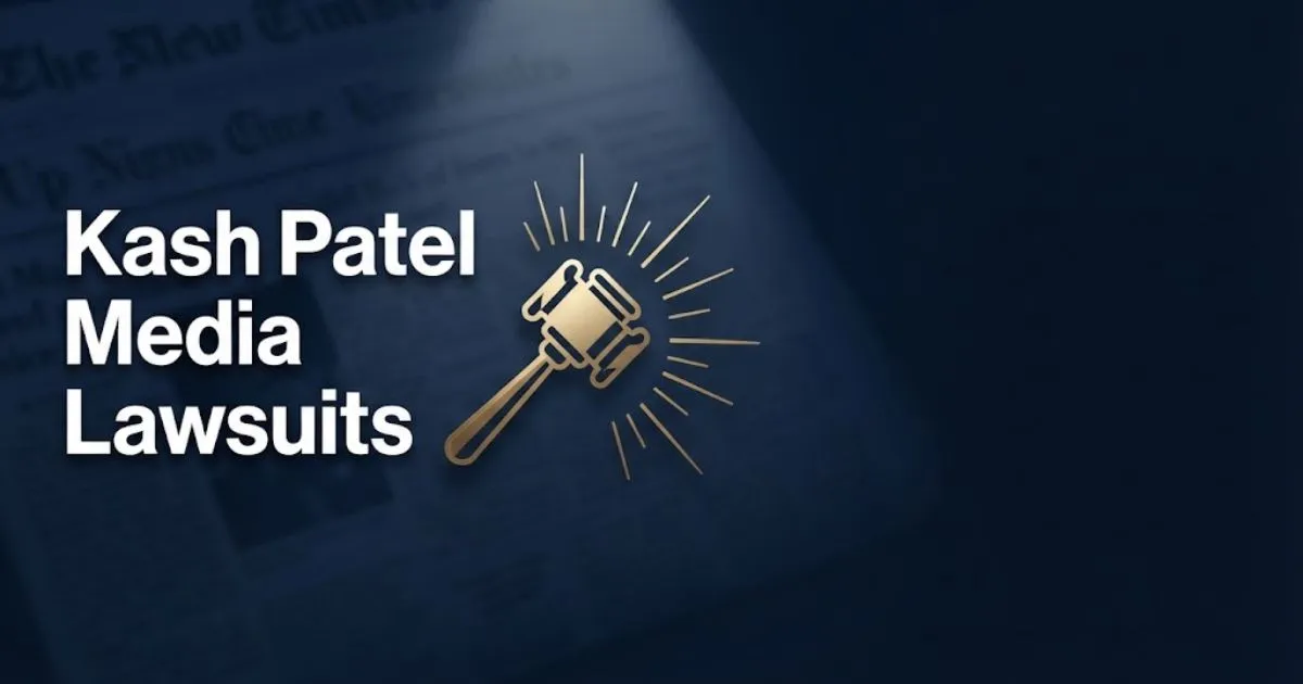 Kash Patel Media Lawsuits hero banner with gavel and newspaper background in navy and gold