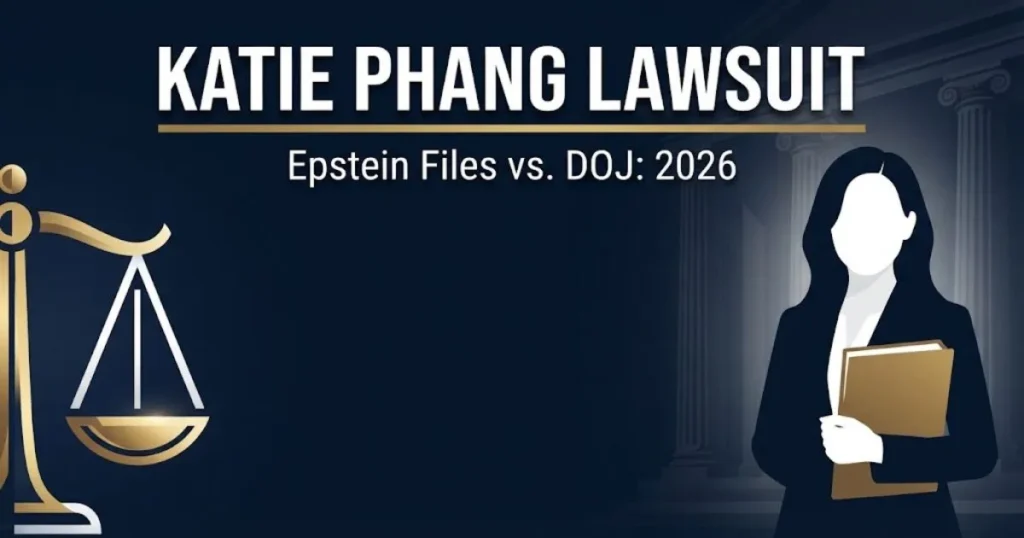 Katie Phang lawsuit hero banner showing legal scales and courthouse silhouette with bold headline for Epstein files DOJ case 2026