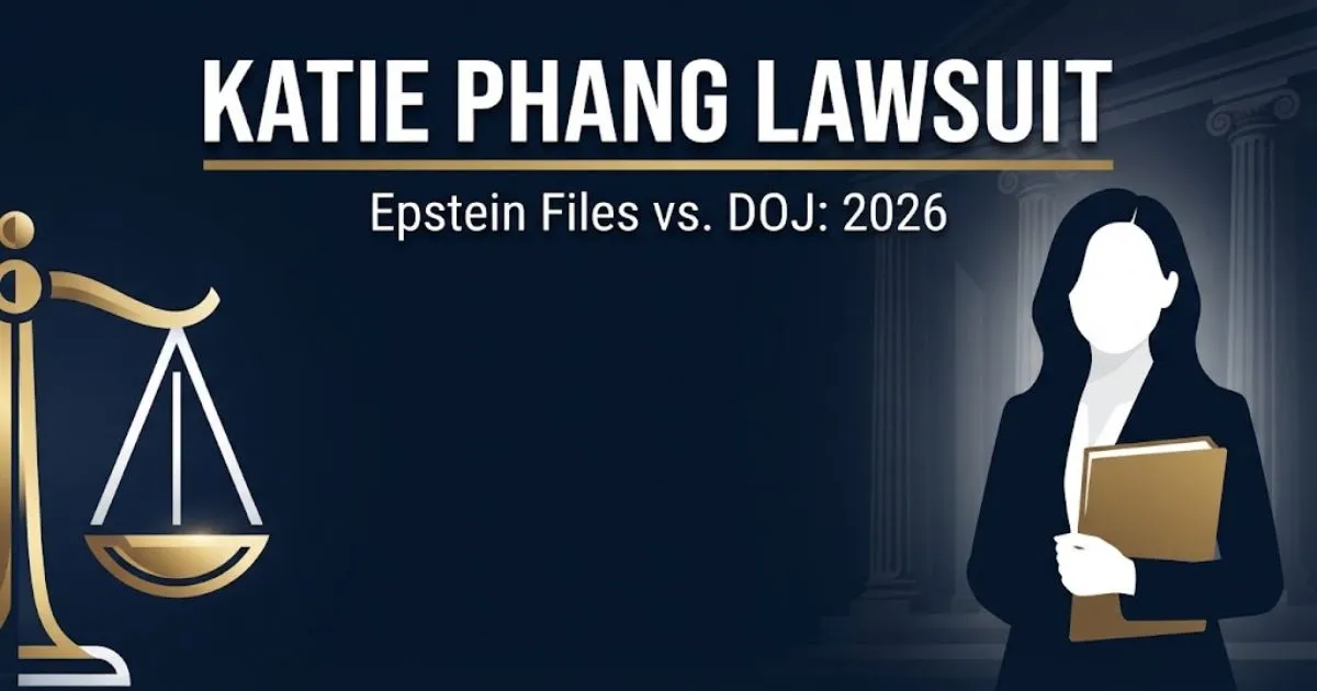 Katie Phang lawsuit hero banner showing legal scales and courthouse silhouette with bold headline for Epstein files DOJ case 2026