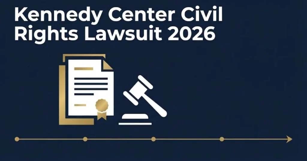 Kennedy Center civil rights lawsuit 2026 infographic with legal document icons, gavel, and case timeline in navy and gold editorial style