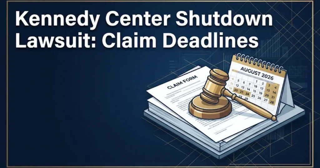 Kennedy Center shutdown lawsuit deadlines graphic with legal documents calendar and gavel on navy background