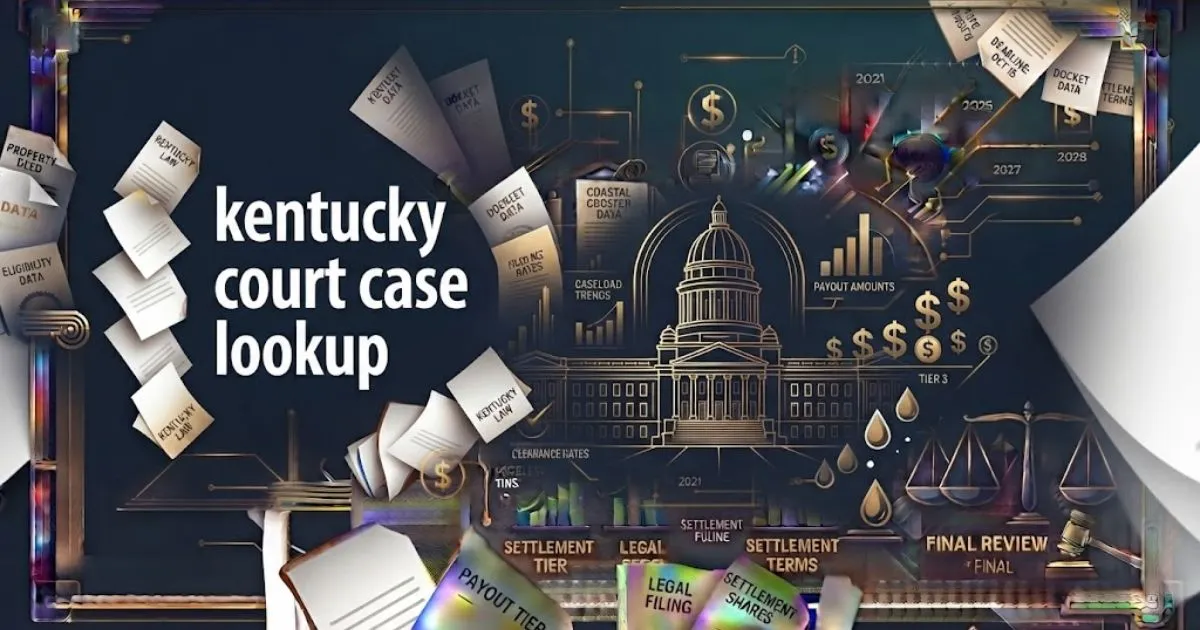 Kentucky court case lookup hero banner with state capitol silhouette and golden scales of justice on navy background
