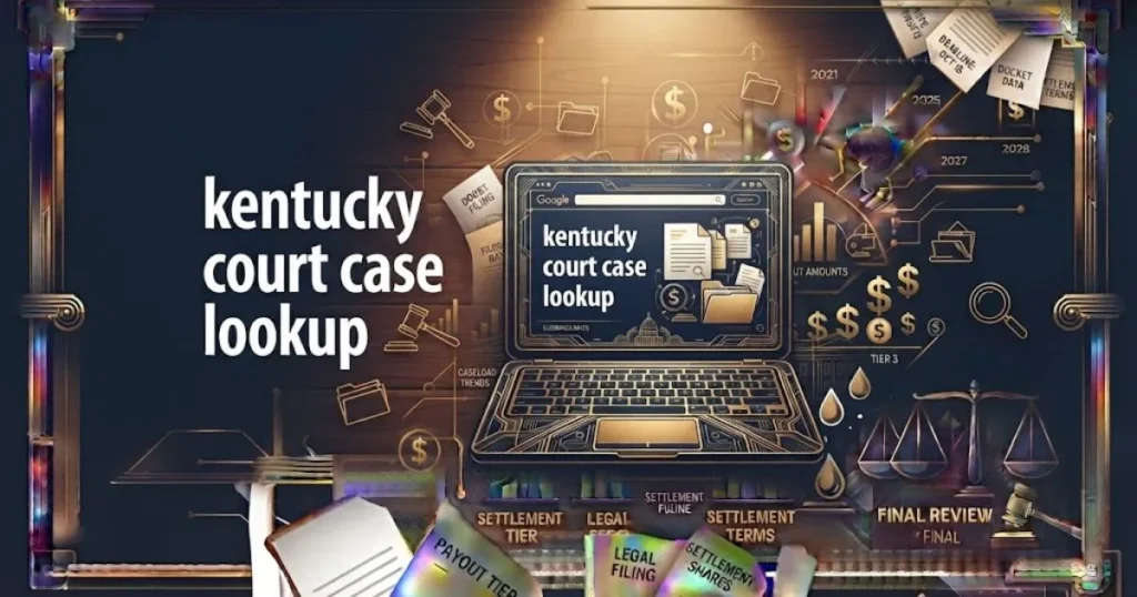 Kentucky court case lookup supporting graphic with legal documents and laptop search interface on desk