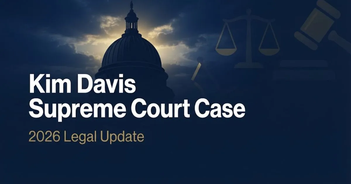 Kim Davis Supreme Court Case hero banner with navy courthouse silhouette and gold legal symbols