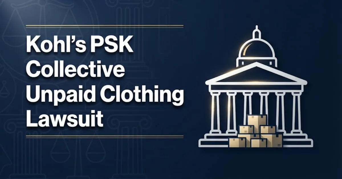 Kohl's PSK Collective unpaid clothing lawsuit banner with courthouse and clothing imagery