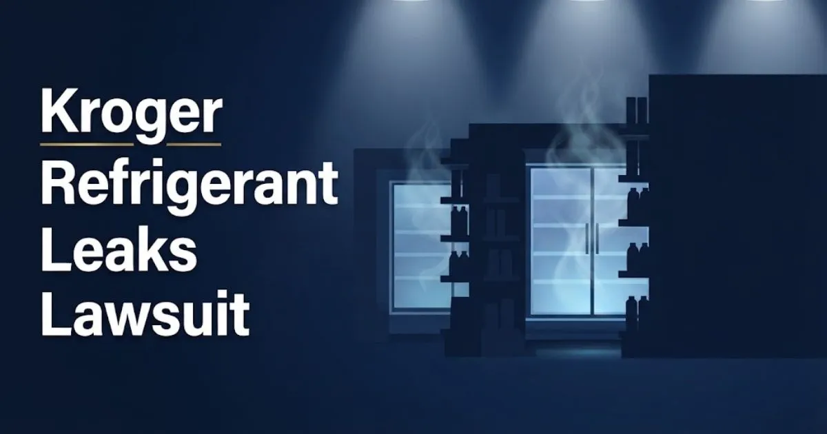 Kroger refrigerant leaks lawsuit hero banner with stylized grocery store refrigeration units and bold headline text