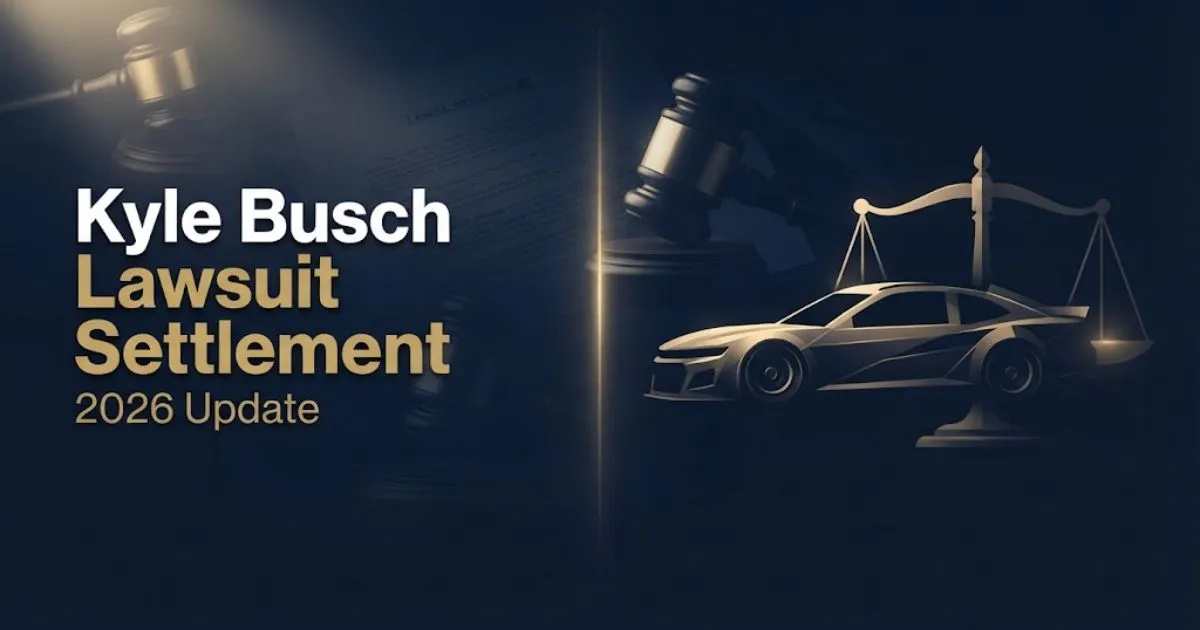 Kyle Busch lawsuit settlement 2026 hero banner with legal scales and stock car silhouette on navy background
