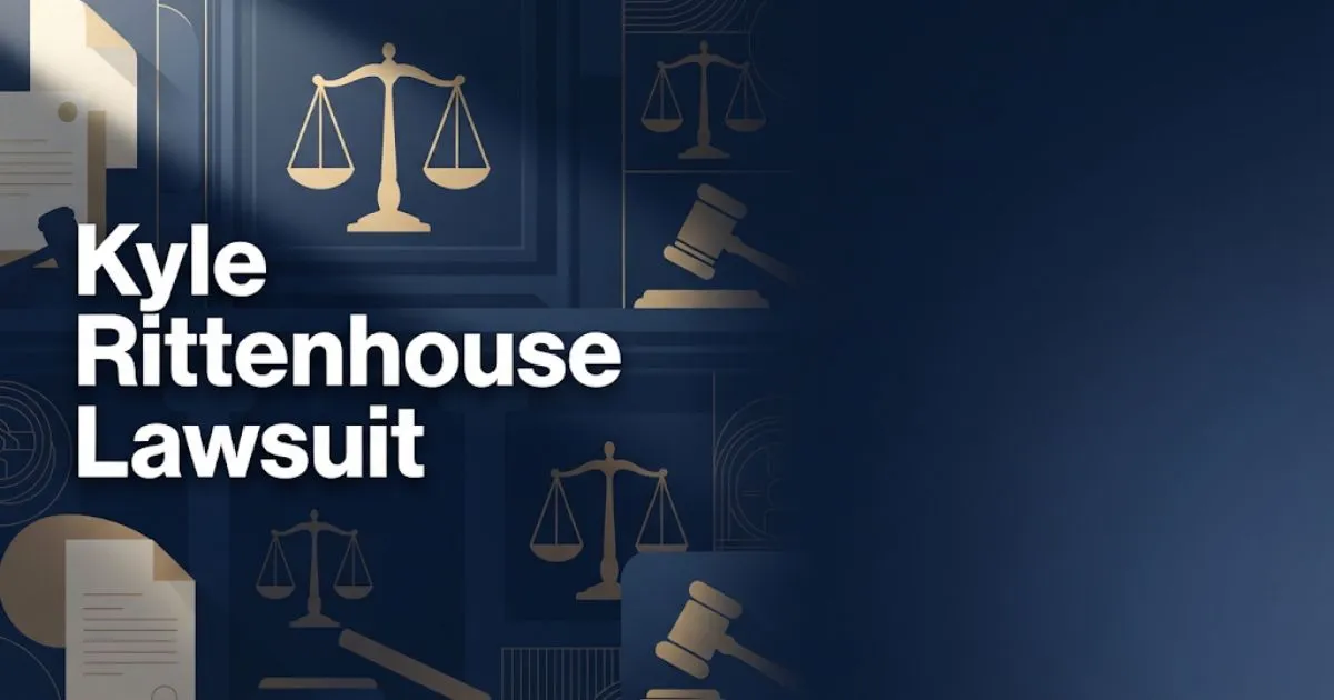 Kyle Rittenhouse lawsuit hero banner with courtroom scales of justice in navy and gold editorial style