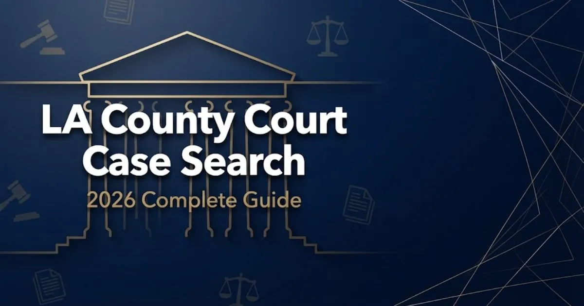 LA County Court Case Search 2026 guide banner with courthouse silhouette and legal icons on navy background
