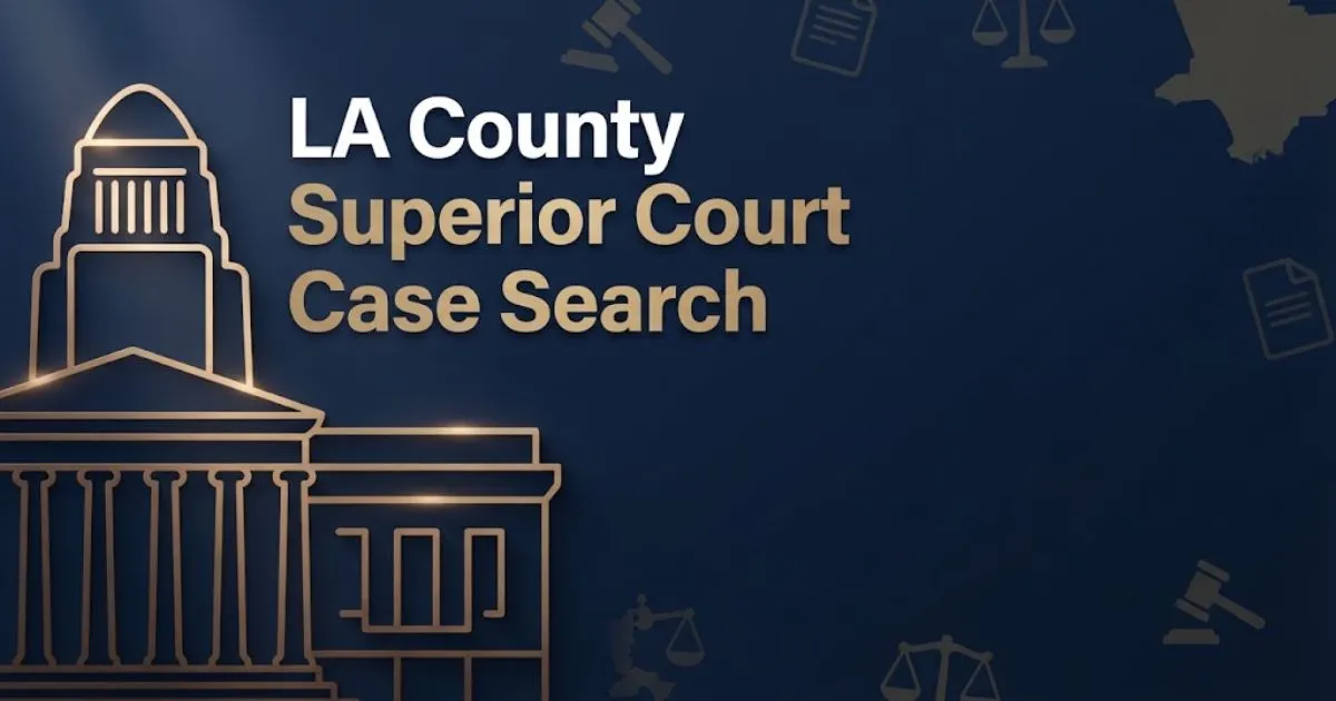 LA County Superior Court Case Search hero banner with courthouse silhouette and gold legal icons on navy background