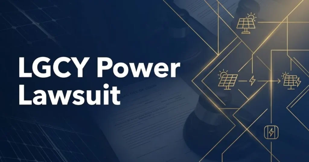 LGCY Power lawsuit banner with solar panel and legal gavel imagery on navy background