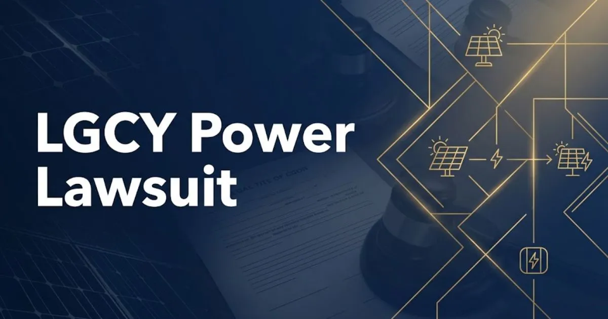 LGCY Power lawsuit banner with solar panel and legal gavel imagery on navy background
