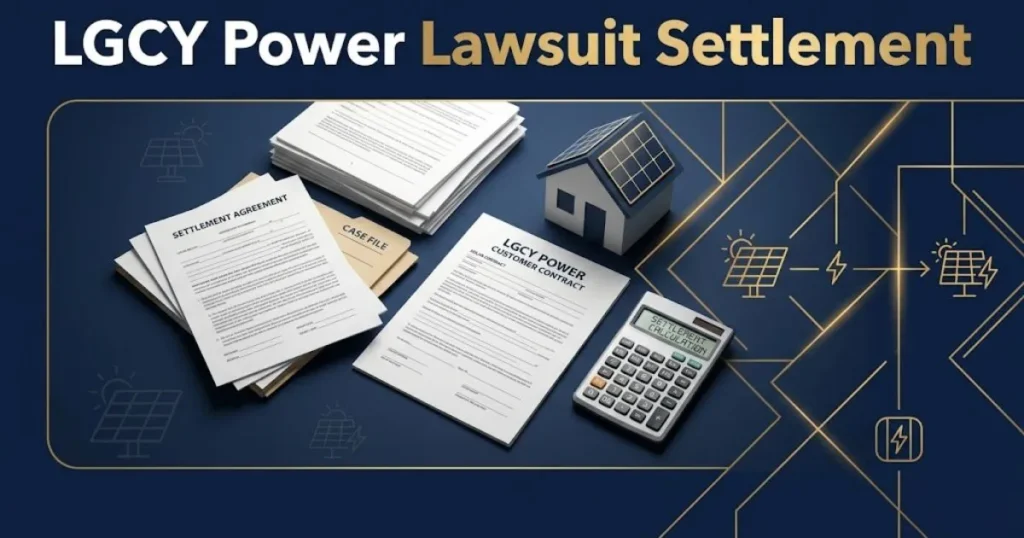 LGCY Power lawsuit settlement graphic with legal documents and solar contract on navy background