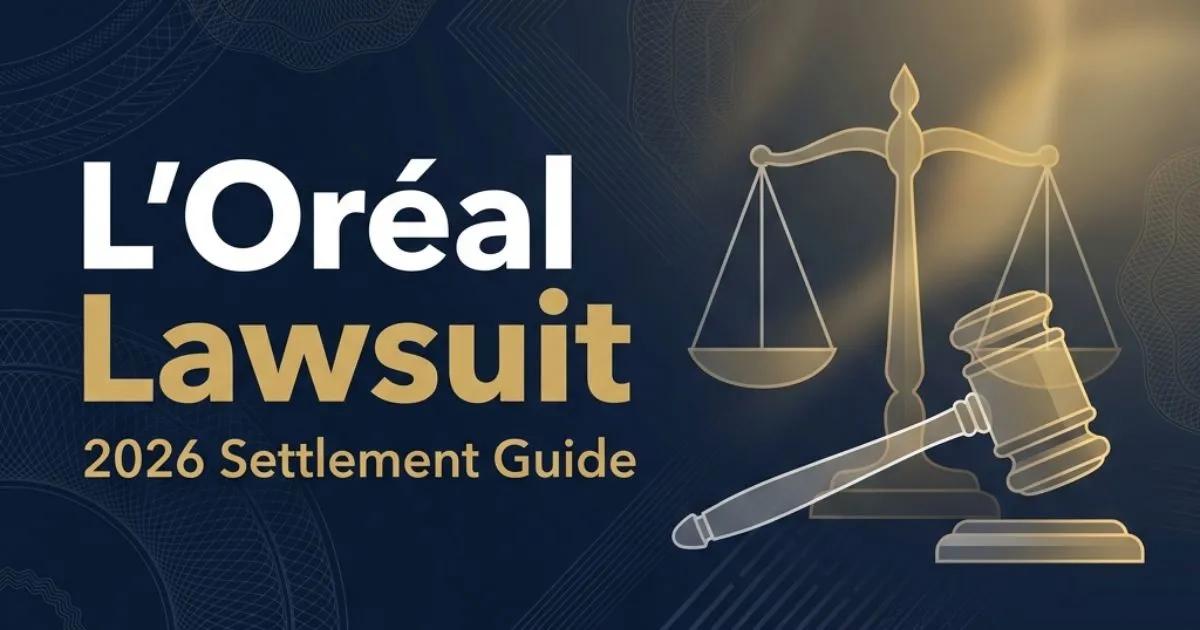 L'Oréal lawsuit 2026 hero banner with legal scales and settlement guide text on navy background