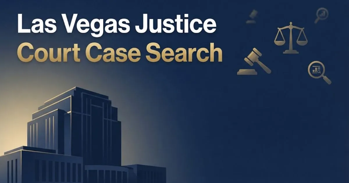Las Vegas Justice Court case search hero banner with courthouse silhouette and legal icons