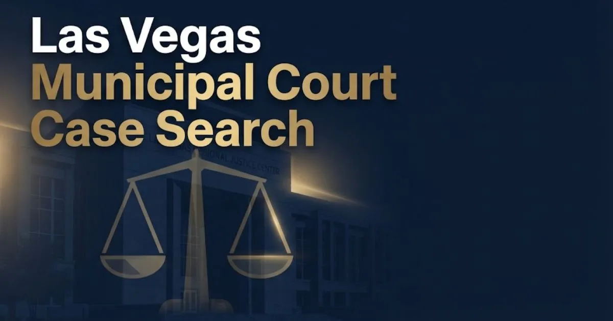 Las Vegas municipal court case search banner with justice center silhouette and legal scales in navy and gold