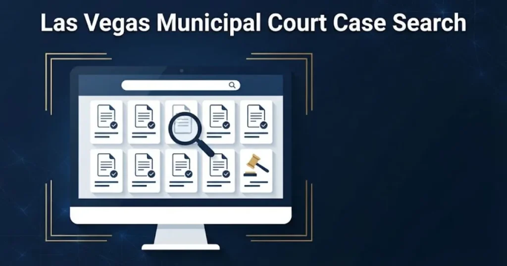 Las Vegas municipal court case search illustration showing digital court records and search tools in navy and gold