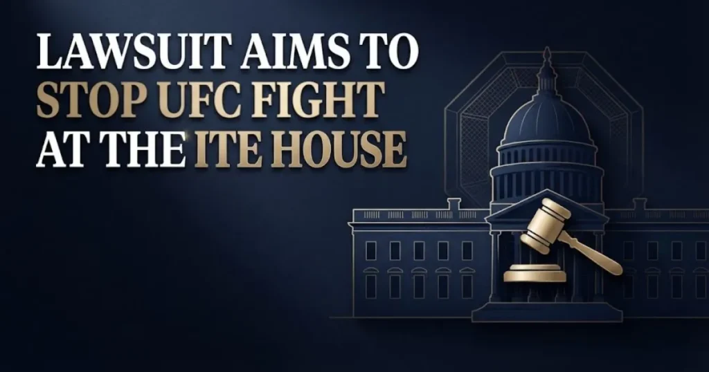 Lawsuit aims to stop UFC fight at the White House, editorial banner with gavel and government building icons.
