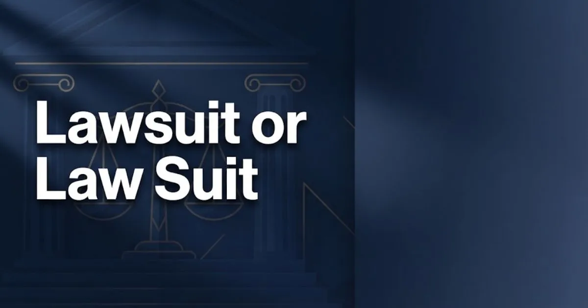 Lawsuit or law suit spelling guide banner with courthouse imagery in navy and gold tones