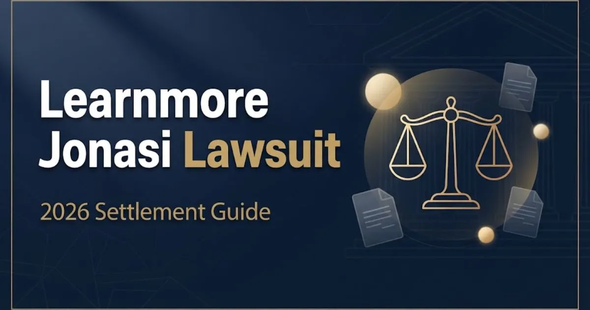 Learnmore Jonasi Lawsuit hero banner with gold legal scale icon on navy background for 2026 settlement guide
