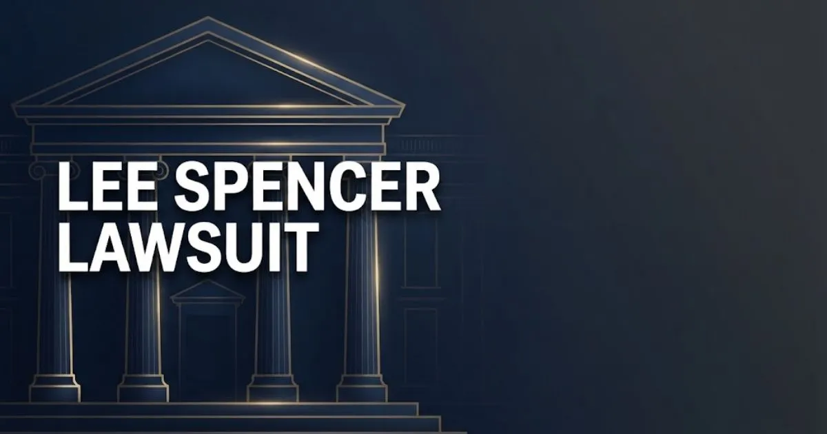 Lee Spencer Lawsuit hero banner with courthouse silhouette in navy and gold editorial style