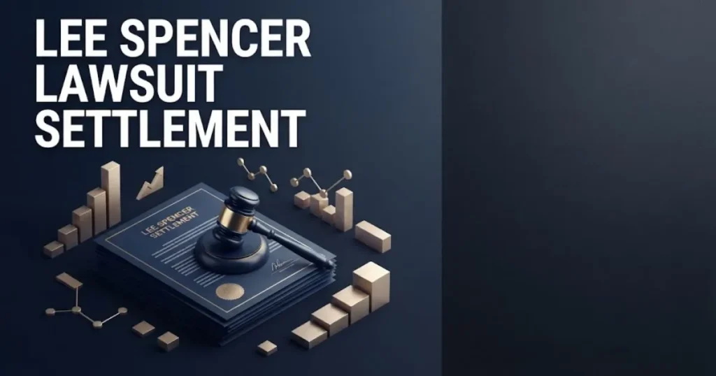 Lee Spencer Lawsuit settlement graphic with legal documents and gavel in navy and gold tones