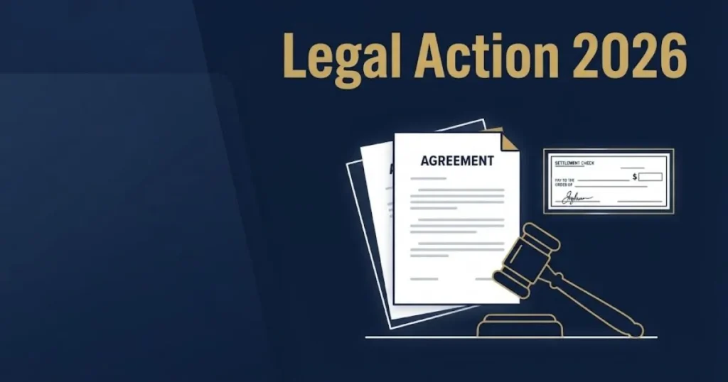 Legal action 2026 supporting graphic with gold title text over navy legal documents and gavel illustration