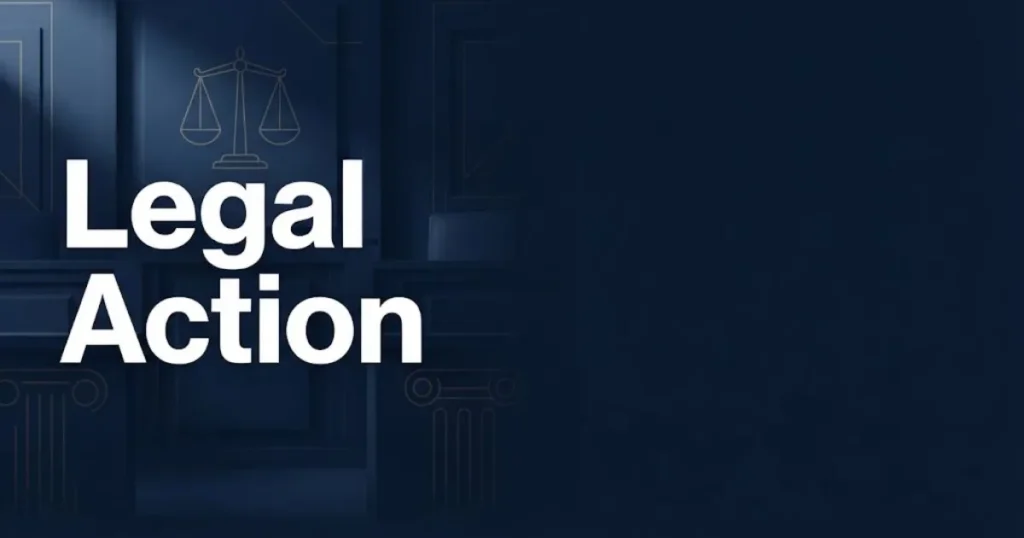 Legal action hero banner with bold white title text over dark navy courtroom abstract background with gold accents