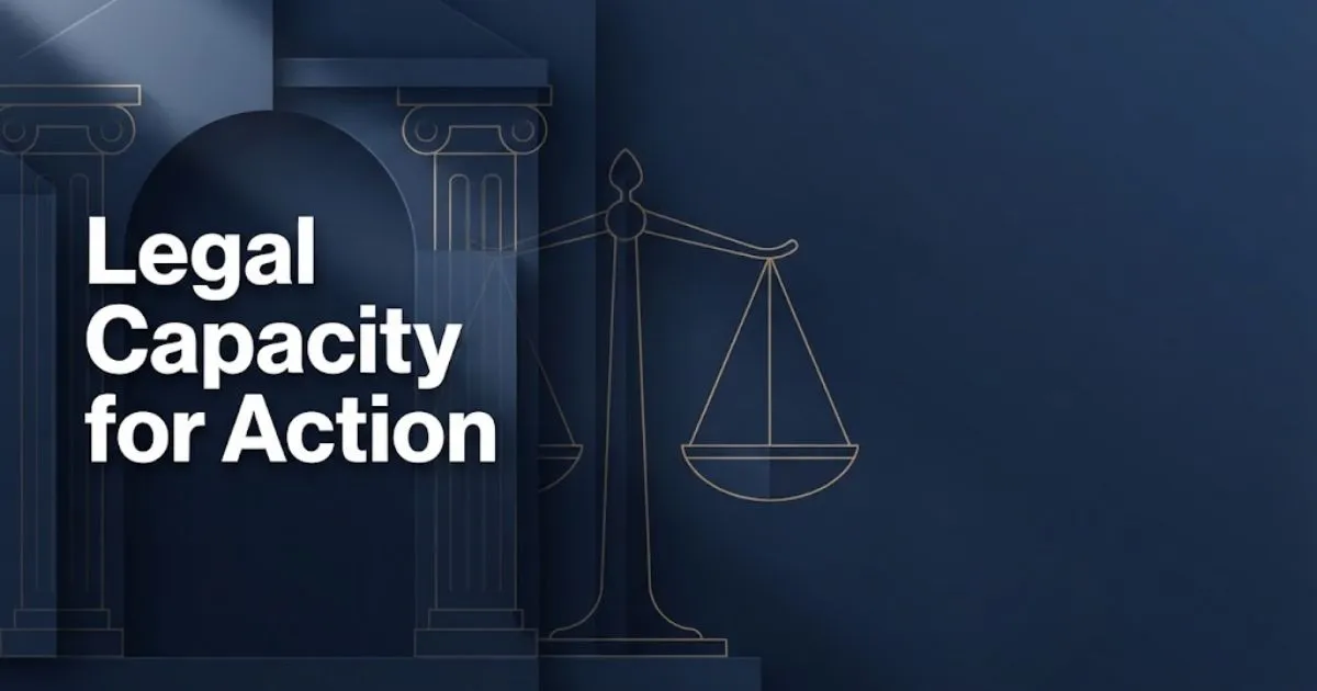 Legal capacity for action hero banner with gold scales of justice on navy background