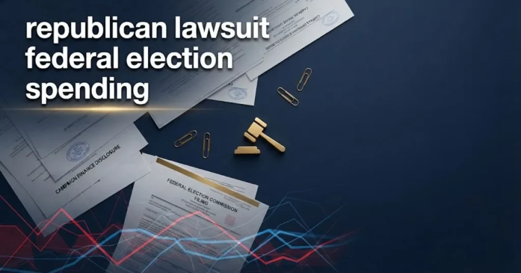 Legal documents and data graphics with republican lawsuit federal election spending title for 2026 midterm context