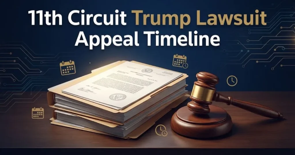 Legal documents and gavel graphic with 11th Circuit Trump Lawsuit Appeal Timeline headline in navy and gold tones