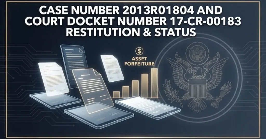 Legal graphic displaying case number 2013r01804 and court docket number 17-cr-00183 with forfeiture chart elements.